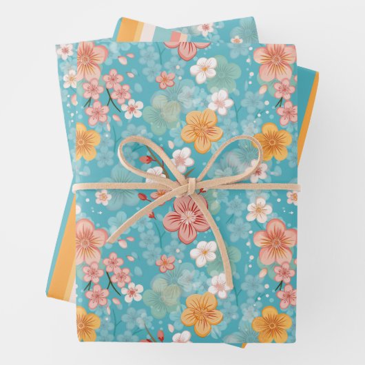 Spring Garden Turquoise Kersenbloesems en Stripe Inpakpapier Vel (In situ)