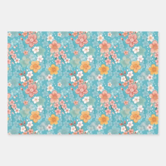 Spring Garden Turquoise Kersenbloesems en Stripe Inpakpapier Vel (Voorkant)