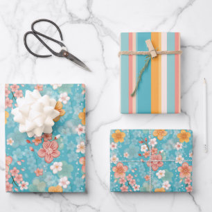 Spring Garden Turquoise Kersenbloesems en Stripe Inpakpapier Vel