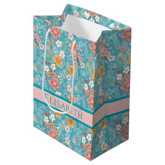 Spring Garden Turquoise Kersenbloesems en Stripe Medium Cadeauzakje (Voorkant Gekanteld)