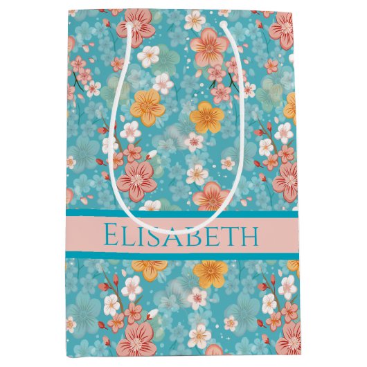 Spring Garden Turquoise Kersenbloesems en Stripe Medium Cadeauzakje (Voorkant)