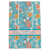 Spring Garden Turquoise Kersenbloesems en Stripe Medium Cadeauzakje (Achterkant)