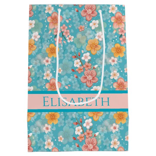 Spring Garden Turquoise Kersenbloesems en Stripe Medium Cadeauzakje (Achterkant)