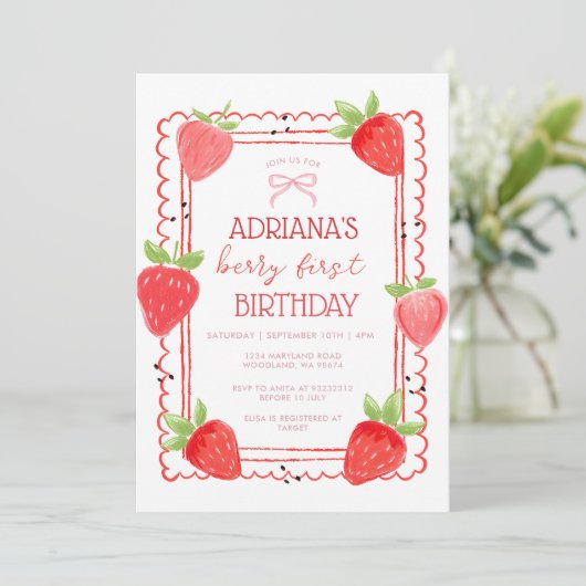Spring Girl Berry First Birthday Invitation Kaart (Staand voorkant)