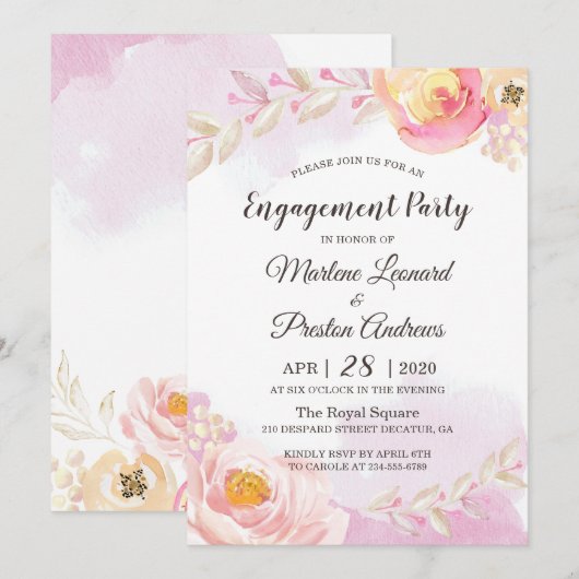 Spring Girly Pink & Gold Flowers Engagement Party Kaart (Voorkant / Achterkant)