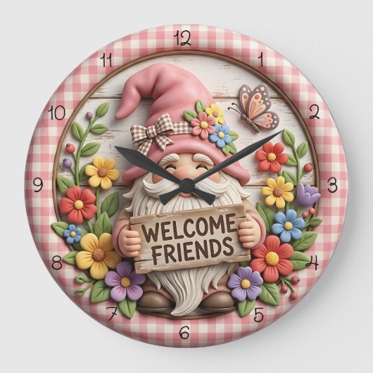 Spring Gnome Welcome Friends Grote Klok (Voorkant)