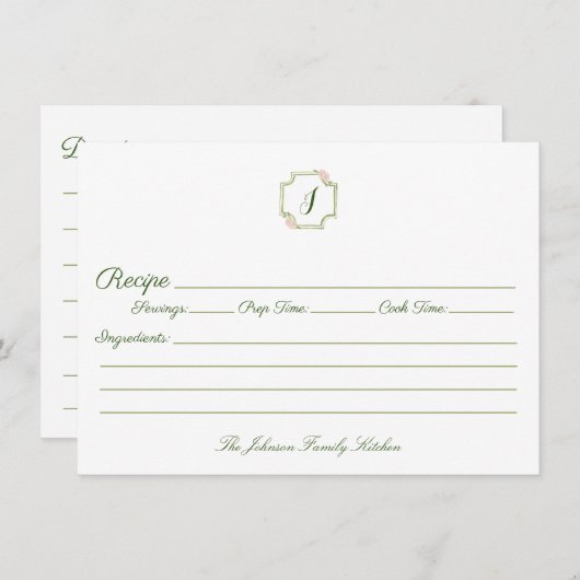 Spring Green and Pink Monogram Family Recipe Notitiekaartje (Voorkant / Achterkant)