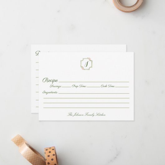Spring Green and Pink Monogram Family Recipe Notitiekaartje (Voorkant / Achterkant in situ)