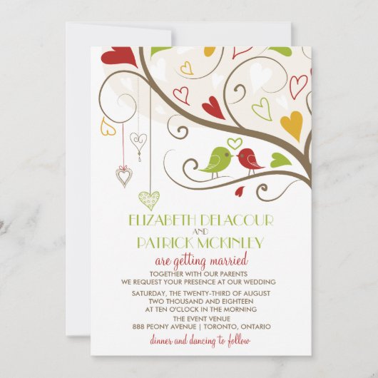 Spring Green and Red Cute Lovebird Wedding Kaart (Voorkant)