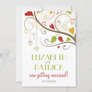 Spring Green and Red Cute Lovebird Wedding Kaart