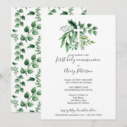 Spring Green Botanical Cross First Heilige Communi Kaart (Voorkant / Achterkant)