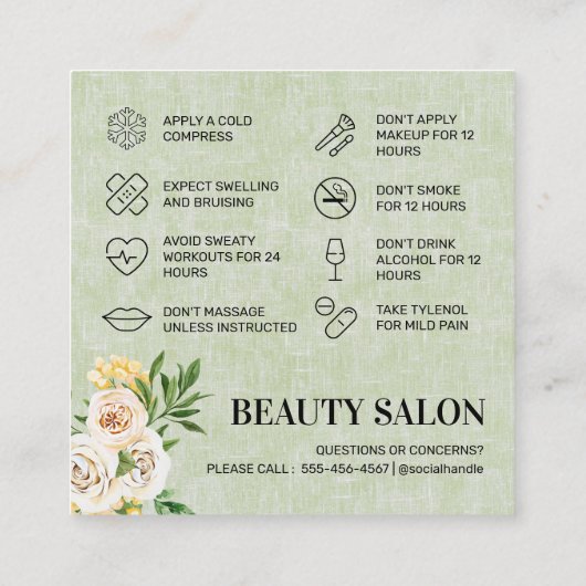 Spring Green Botox Aftercare Square Visitekaartje (Achterkant)