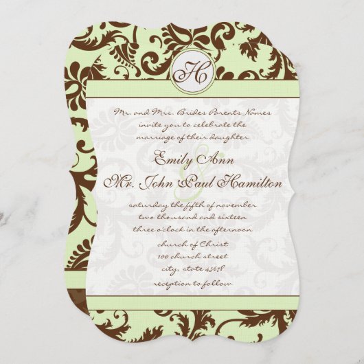 Spring Green Brown Damask Wedding Uitnodiging (Voorkant / Achterkant)
