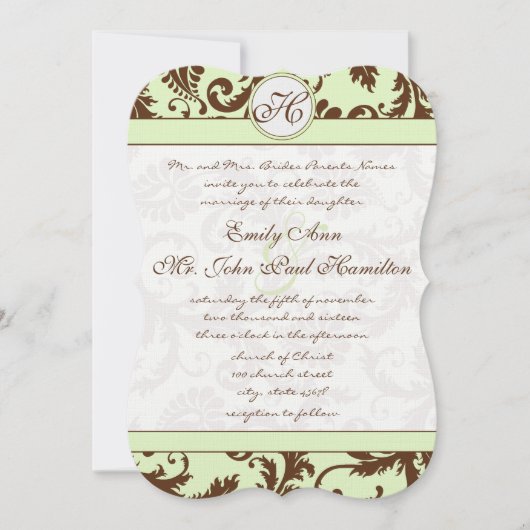 Spring Green Brown Damask Wedding Uitnodiging (Voorkant)