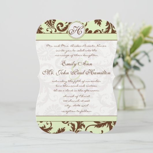 Spring Green Brown Damask Wedding Uitnodiging (Staand voorkant)