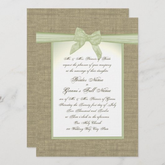 Spring Green Burlap en Bow Country Wedding Kaart (Voorkant / Achterkant)