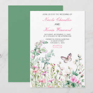 Spring Green Butterfly Floral Wedding Kaart