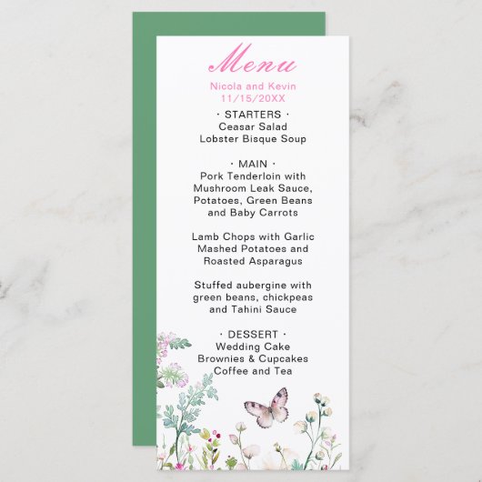 Spring Green Butterfly Floral Wedding Menu (Voorkant / Achterkant)