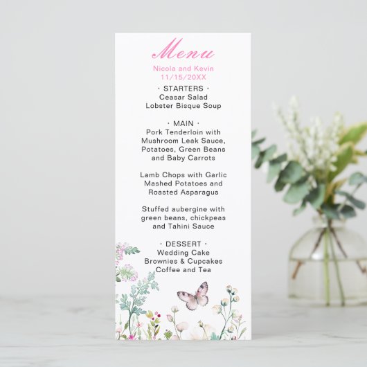 Spring Green Butterfly Floral Wedding Menu (Staand voorkant)