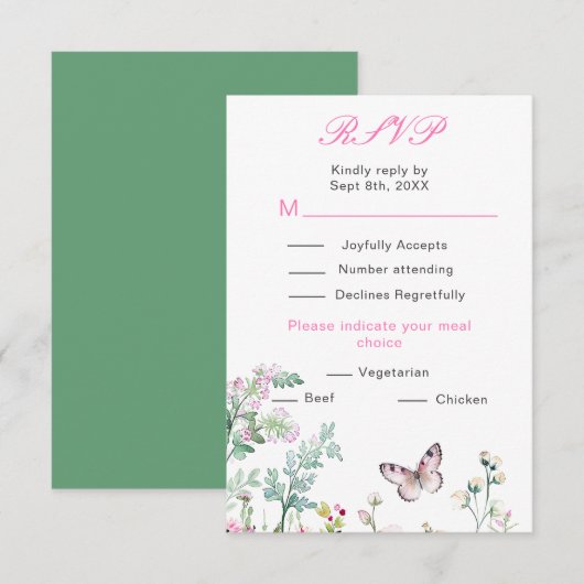 Spring Green Butterfly Floral Wedding RSVP Kaartje (Voorkant / Achterkant)