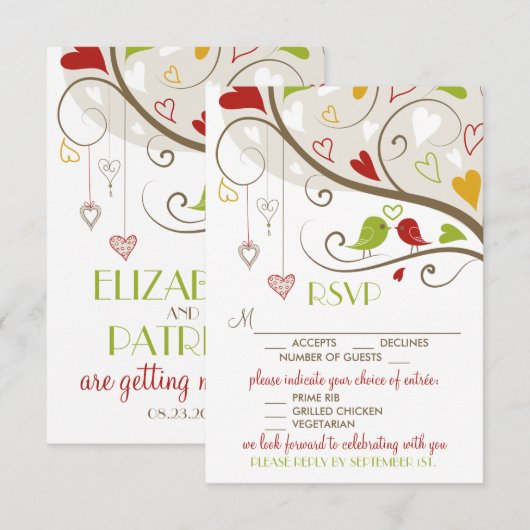 Spring Green en Red Cute Lovevogels RSVP (Voorkant / Achterkant)