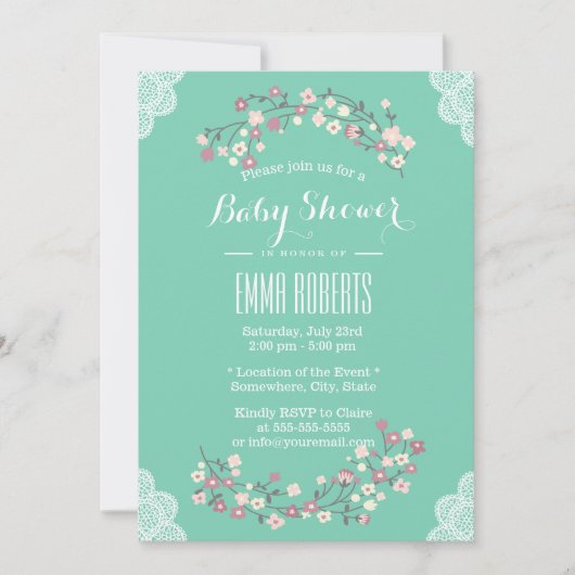 Spring Green Floral & Lace Baby Shower-uitnodiging Kaart (Voorkant)