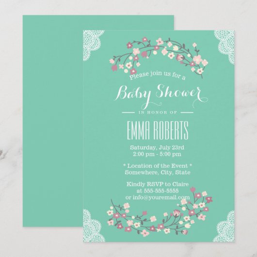 Spring Green Floral & Lace Baby Shower-uitnodiging Kaart (Voorkant / Achterkant)