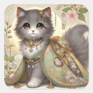 Spring Green Kimono Princess Cat Vierkante Sticker