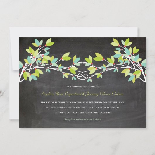 Spring Green Knoted Love Tree Chalkboard Wedding Kaart (Voorkant)