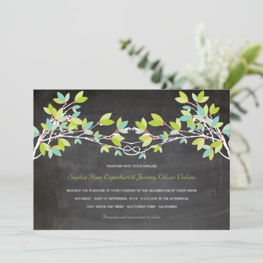 Spring Green Knoted Love Tree Chalkboard Wedding Kaart (Staand voorkant)