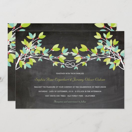 Spring Green Knoted Love Tree Chalkboard Wedding Kaart (Voorkant / Achterkant)