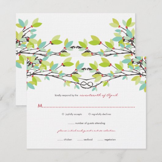 Spring Green Knotted Love Trees Wedding RSVP Kaart (Voorkant / Achterkant)