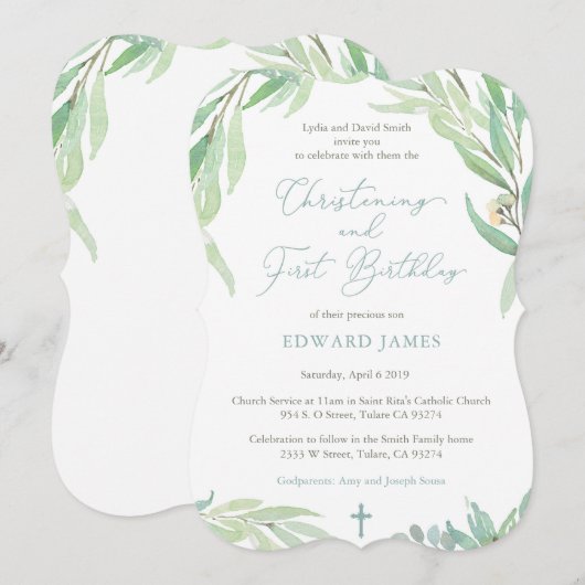 Spring Green Leaves Boy Christening First Birthday Kaart (Voorkant / Achterkant)