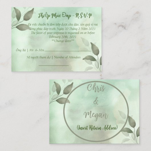 SPRING GREENERY WEDDING R.S.V.P. IN VIETNAMESE NOTITIEKAARTJE (Voorkant / Achterkant)