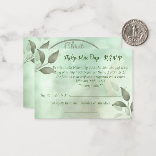 SPRING GREENERY WEDDING R.S.V.P. IN VIETNAMESE NOTITIEKAARTJE (Voorkant / Achterkant in situ)