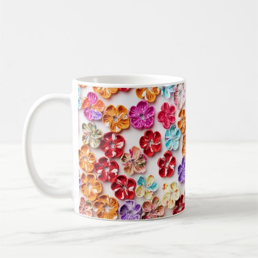 Spring Handmade sewn fabric Flowers Multicolor Koffiemok (Links)