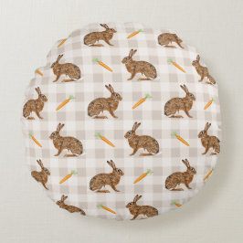 Spring Hare And Carrot Rustic Beige Gingham Easter Rond Kussen