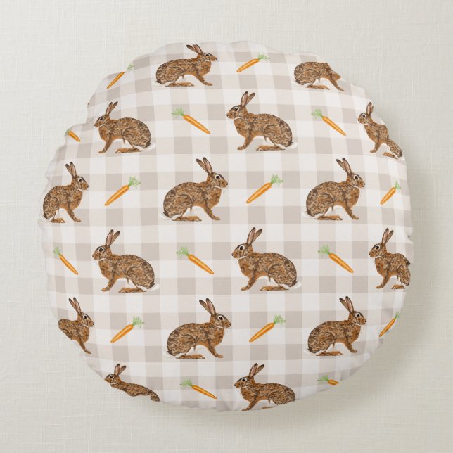 Spring Hare And Carrot Rustic Beige Gingham Easter Rond Kussen (Voorkant)