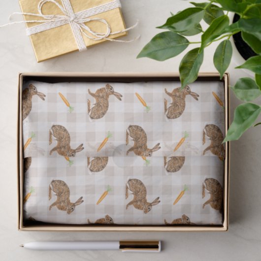 Spring Hare And Carrots Beige Gingham Easter Tissuepapier (Geschenk)