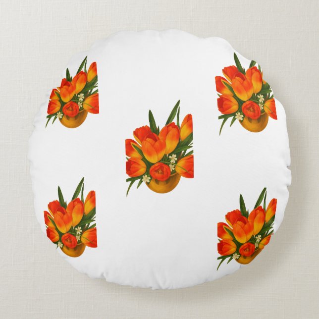Spring Harmony – Orange & Yellow Tulips Rond Kussen (Voorkant)