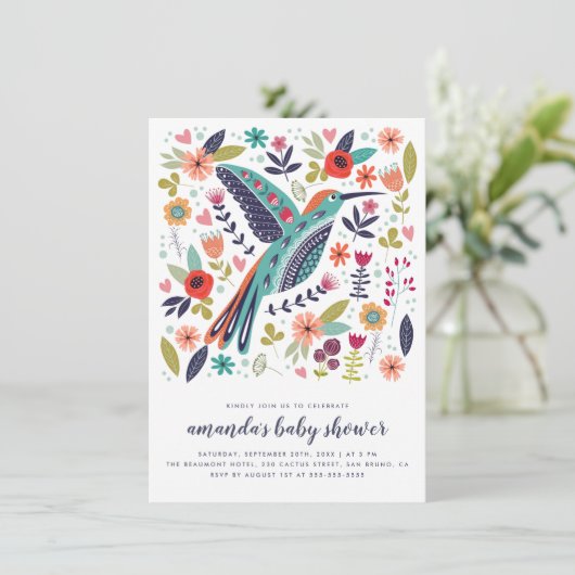 Spring Hummingbird Pink Floral Baby Girl Shower Kaart (Staand voorkant)