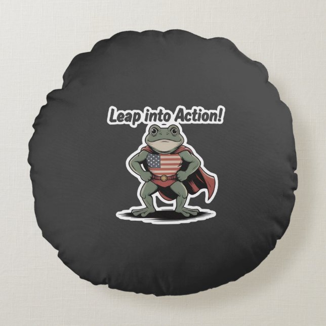 Spring in actie! Superkikker sticker Rond Kussen (Voorkant)