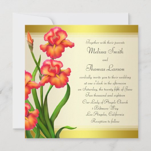 Spring Iris Flowers op Gold Wedding Invitation Kaart (Voorkant)