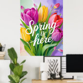 "Spring is Here" Tulip Bouquet Illustration Poster (Thuiskantoor)