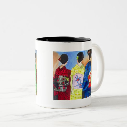 Spring kimono Japanse Geisha art Tweekleurige Koffiemok (Voorkant rechts)