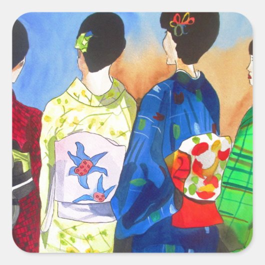 Spring kimono Japanse Geisha art Vierkante Sticker (Voorkant)