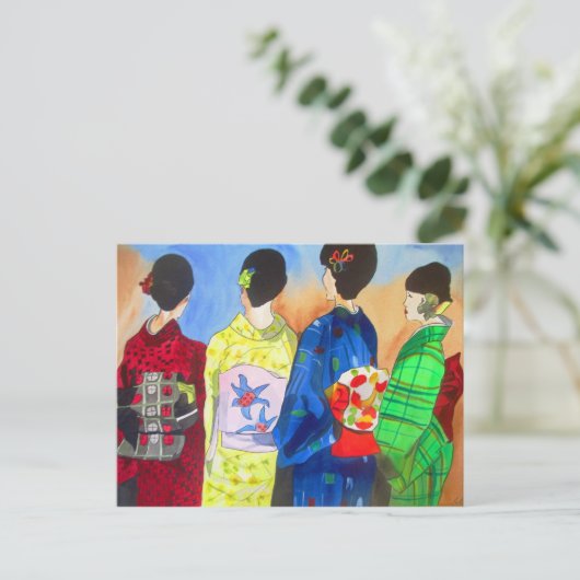 Spring Kimono Japanse Geisha waterverf kunst Briefkaart (Staand voorkant)