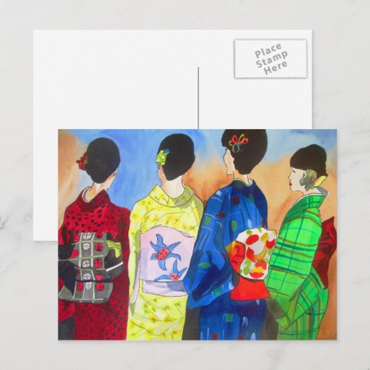Spring Kimono Japanse Geisha waterverf kunst Briefkaart (Voorkant / Achterkant)