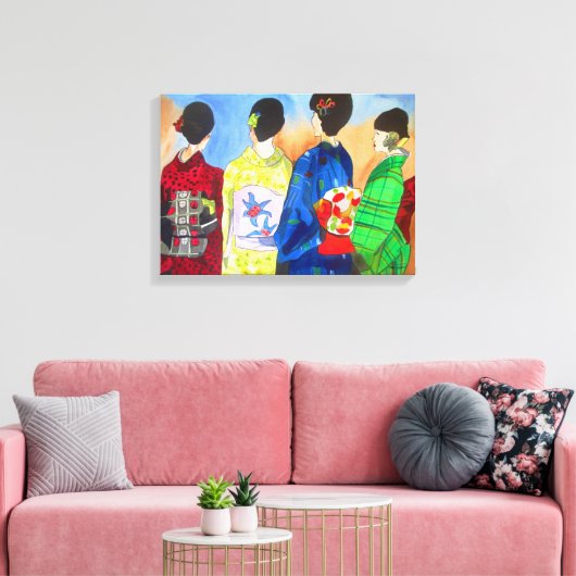 Spring Kimono Japanse Geisha waterverf kunst Canvas Afdruk (Insitu (Woonkamer))