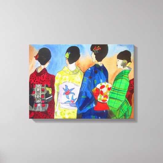 Spring Kimono Japanse Geisha waterverf kunst Canvas Afdruk (Voorkant)